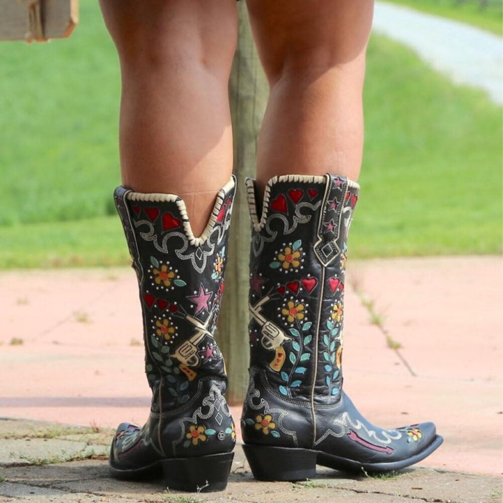 Women's Black Floral Embroidered Cowgirl Boots Chunky Low Heels Pull On - Picture 5 of 6